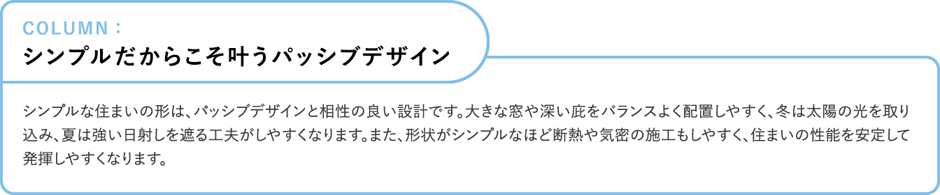 シンプルな住まいの形は、 パッシブデザインと相性の良い設計です。大きな窓や深い庇をバランスよく配置しやすく、冬は太陽の光を取り 込み、夏は強い日射しを遮る工夫がしやすくなります。また、形状がシンプルなほど断熱や気密の施工もしやすく、住まいの性能を安定して発揮しやすくなります。