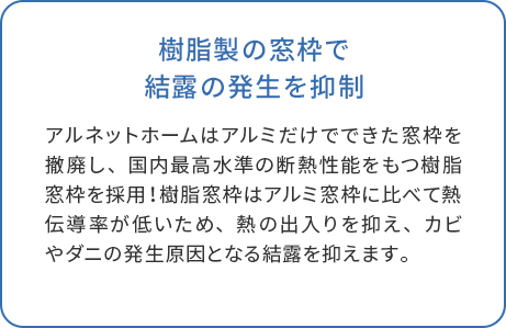 樹脂製の窓枠で結露の発生を抑制 アルネットホームはアルミだけでできた窓枠を撤廃し、国内最高水準の断熱性能をもつ樹脂窓枠を採用！樹脂窓枠はアルミ窓枠に比べて熱伝導率が低いため、熱の出入りを抑え、カビやダニの発生原因となる結露を抑えます。