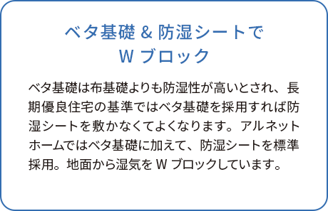 ベタ基礎&防湿シートでWブロック ベタ基礎は布基礎よりも防湿性が高いとされ、長期優良住宅の基準ではベタ基礎を採用すれば防湿シートを敷かなくてよくなります。アルネットホームではベタ基礎に加えて、防湿シートを標準採用。地面から湿気をWブロックしています。