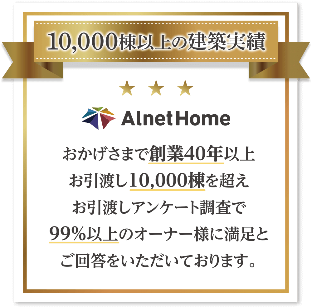 10,000棟以上の建築実績。アルネットホームはおかげさまで創業40年以上。お引き渡し10,000棟を超えお引き渡しアンケート調査で99％以上のオーナー様に満足とご回答をいただいております。